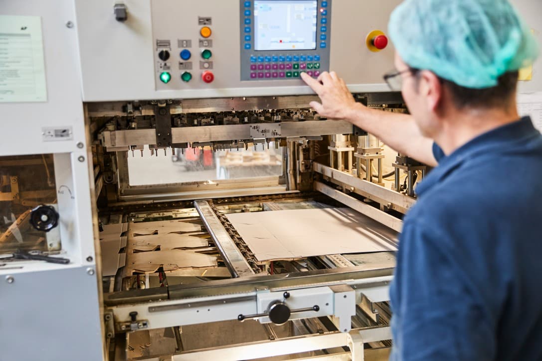 Mitarbeiter bedient eine BOBST-Flachbettstanze